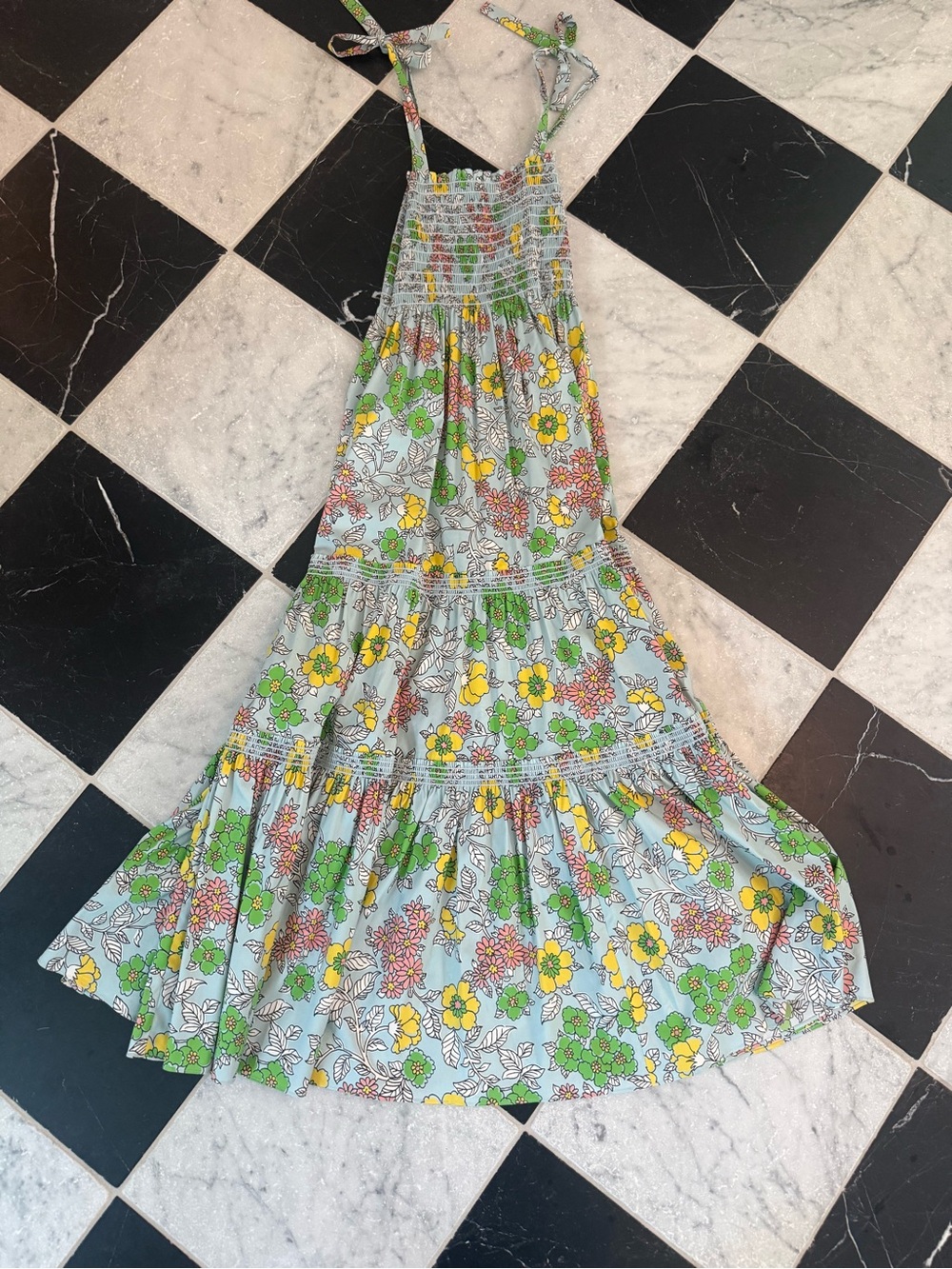 Tory Burch Floral Tiered Sundress in Light Blue, Yellow & Green